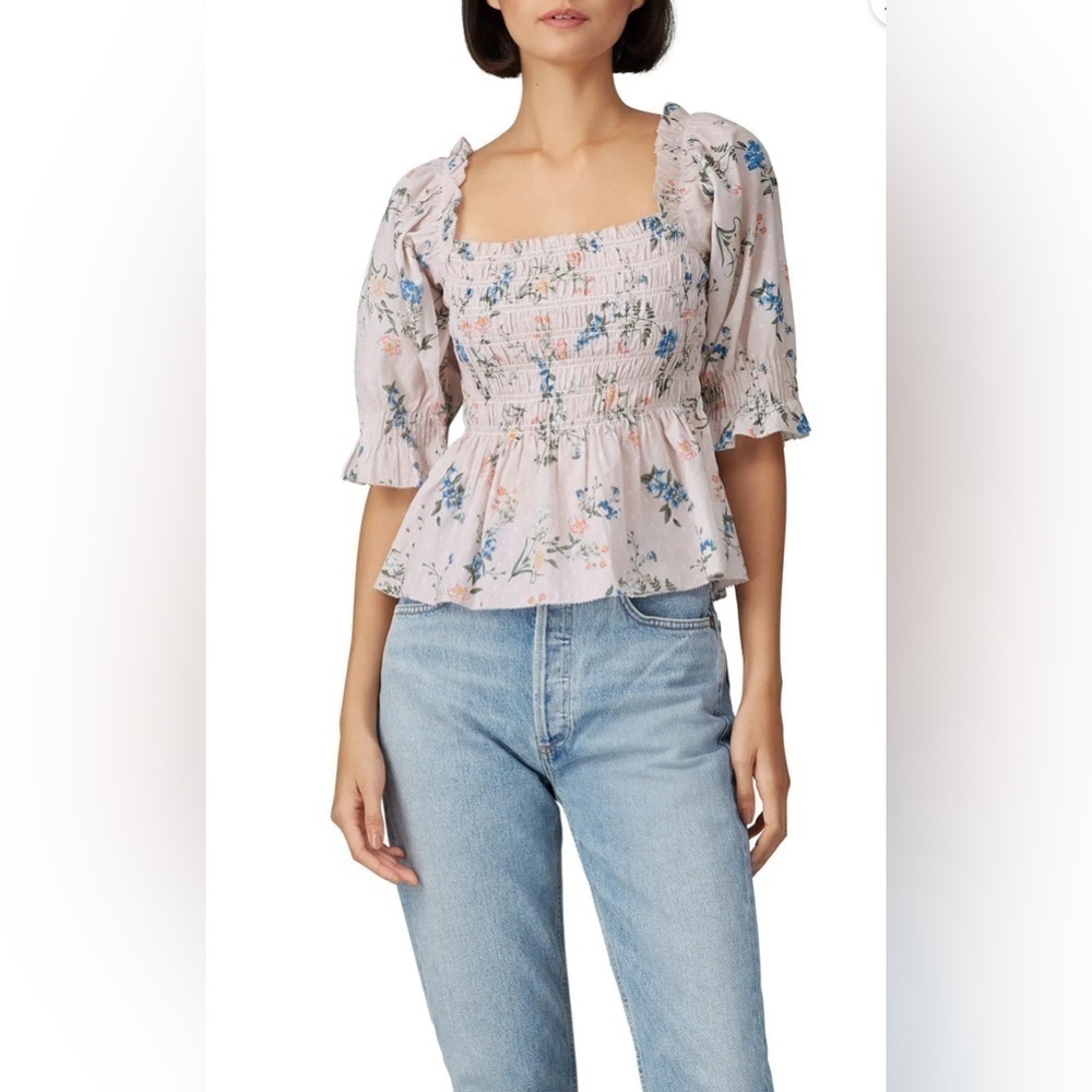 SAYLOR Clover Top Smocked 100% Cotton Crop Blouse Swiss Dot Floral Size Small